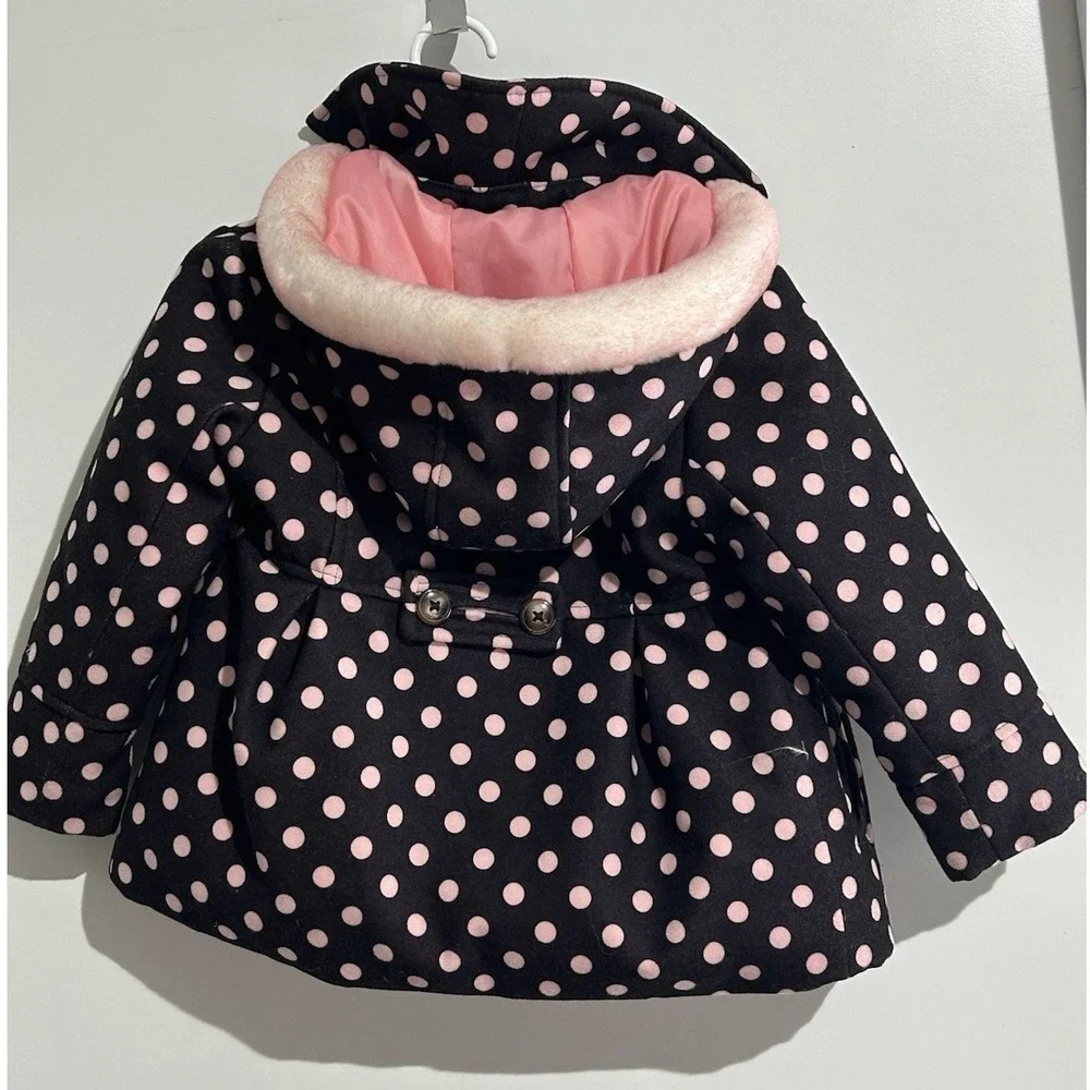 OshKosh 4T GIRLS‎ Brown Pink Pea Coat Polka Dot Winter Jacket Hood Faux Fur